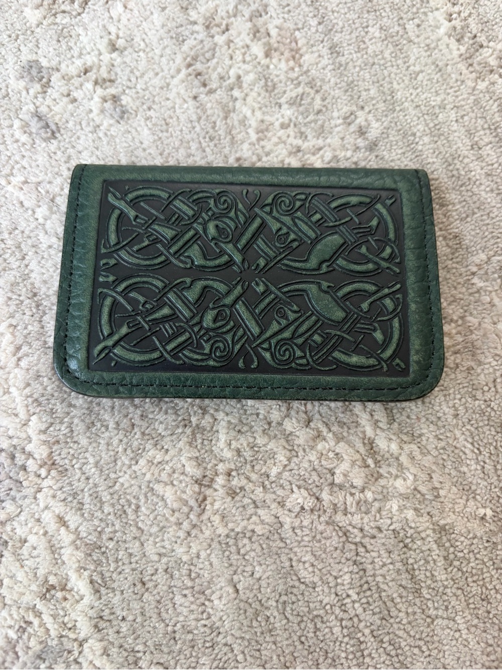 Oberon Design Leather Business Card Holder Forest Green Celtic Hounds 4 X 3”